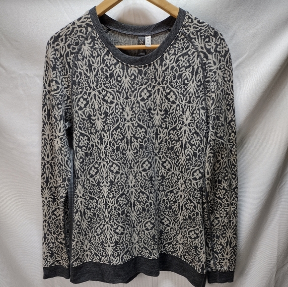 Ibex Women's M 100% Merino Floral Jacquard Crew Neck Sweater Grey Cream - Picture 1 of 7